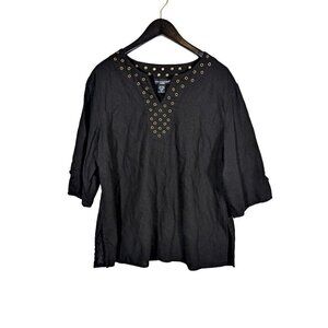 Saint Tropez Plus Size 1X LINEN Tunic Top Blouse Black Grommet Bohemian Modest